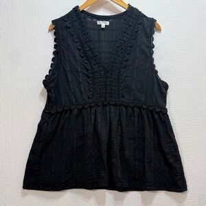 Max Studio Babydoll Top Womens Large Black Sleeveless Crochet Lace Peplum Boho